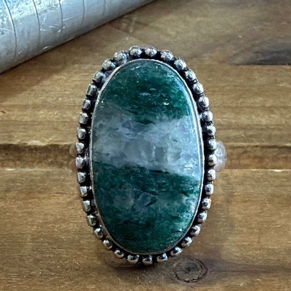 Vintage Jewelry - Vintage Style Genuine Aventurine Quartz Gemstone Ring Size 7 Silver 925 Plated